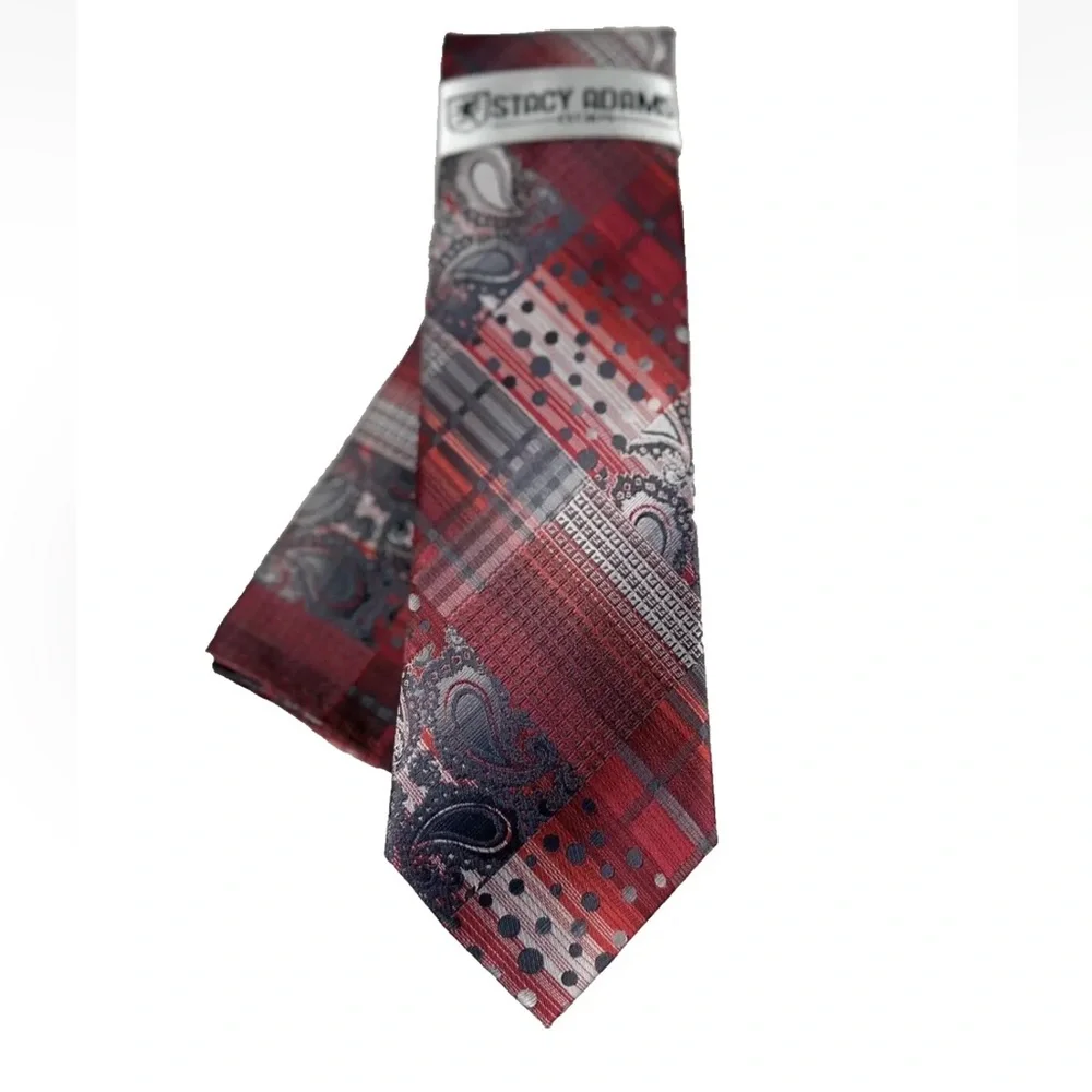 Stacy Adams Men's Tie & Hanky Set Red Charcoal Gray Silver Paisley Stripes 3.25